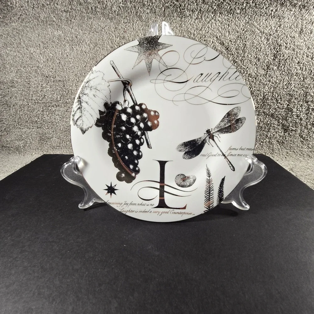 Pottery Barn Salad Plate White Black‎ Grapes Dragonfly Laughter Japan 8